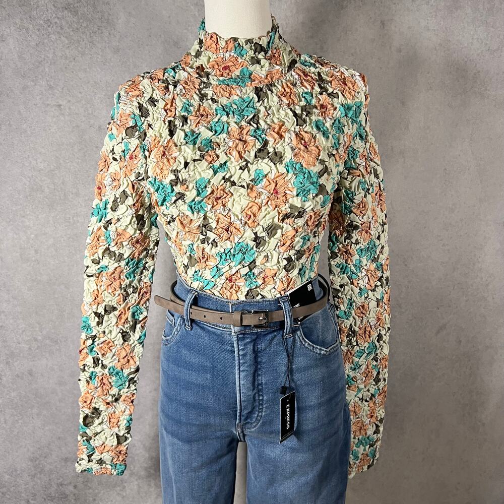 Anthropologie DOLAN Smocked Turtleneck Printed Pebble Long Sleeve Size S